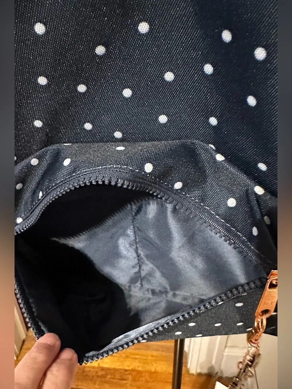 Abercrombie & Fitch Navy Blue Polka Dot Classic Backpack w/Goldtone Moose Charm